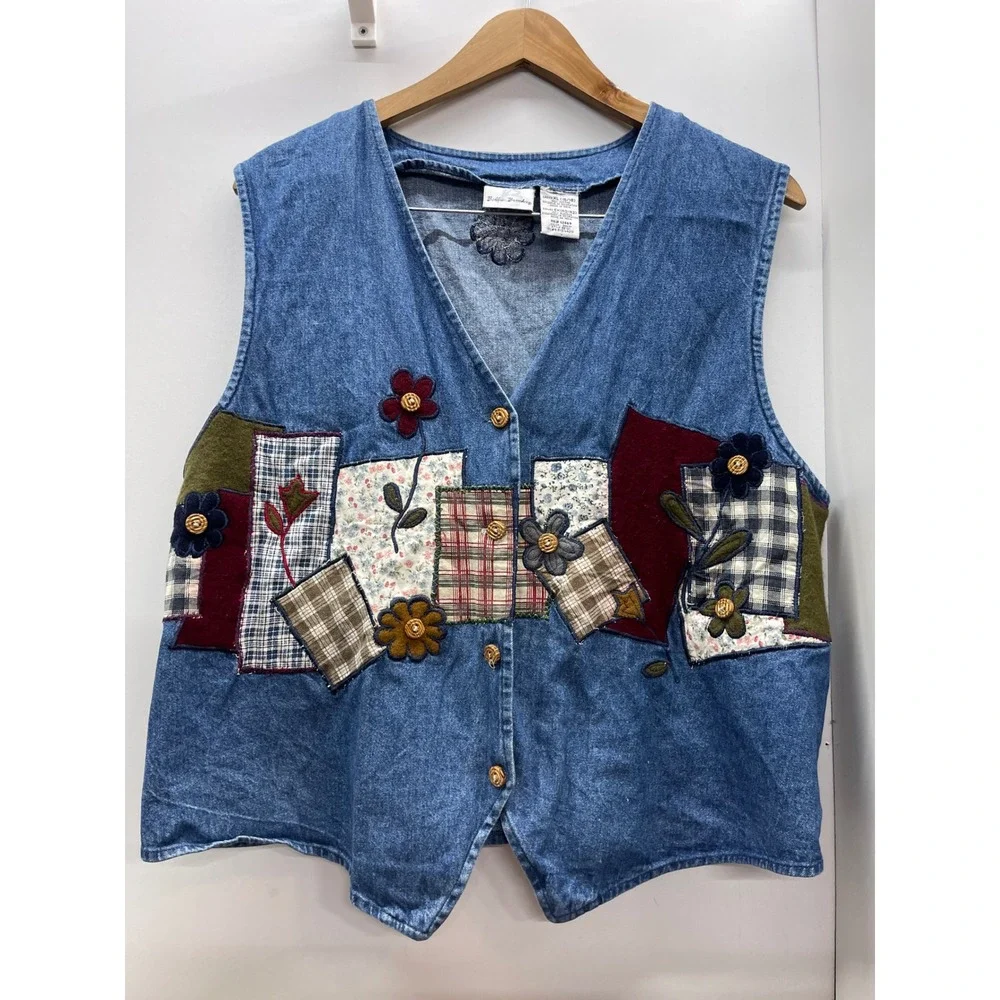 Bobbie Brooks Vintage Denim Patchwork Floral Vest XL Blue Cottagecore Boho BB121